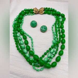 Vintage Kelly Green Celluloid Bead Strand Necklace and Clip earrings
